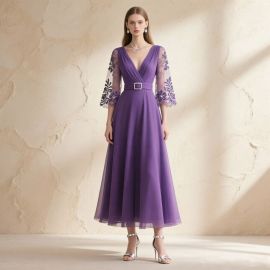 Elegant Purple Midi Dress: Lace Sleeves, Deep V-Neck & Belted Waist