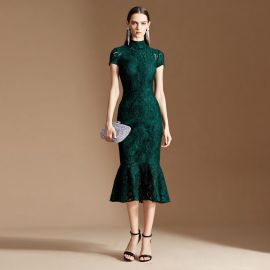 Emerald Green Lace High-Neck Mermaid Midi Dress - Elegant Party Evening Gown