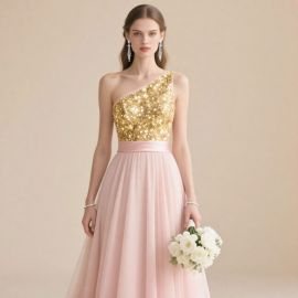 One-Shoulder Gold Sequin & Blush Pink Tulle Evening Gown - Elegant Bridesmaid/Wedding Dress