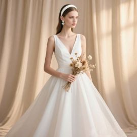 Elegant White V-Neck Tulle Wedding Dress - Timeless Bridal Gown