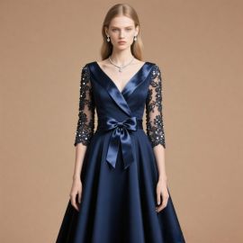 Elegant Navy Blue Satin Dress with Lace Sleeves & Bow Belt - Formal Evening Gown