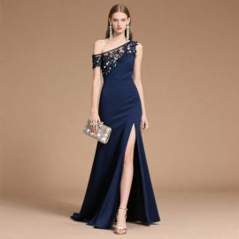 Navy Blue One-Shoulder Evening Gown with Lace & High Slit - Elegant Formal Dress
