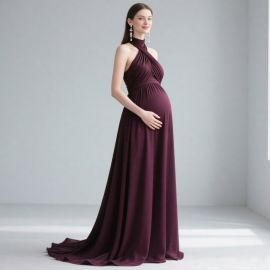 Maternity Burgundy Halter Neck Evening Gown - Flowy Long Dress for Pregnant Women