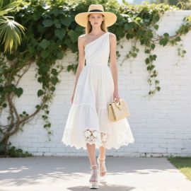 Elegant White One - Shoulder Midi Dress with Lace Hem for Summer