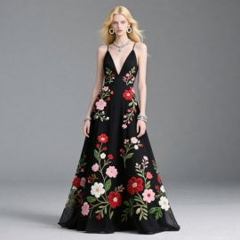 Black Plunge Neckline Gown with Colorful Floral Embroidery - Elegant Evening Dress