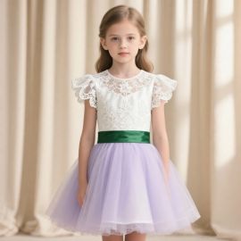 Elegant Girls' Lace & Tulle Dress with Green Belt - Perfect for Parties