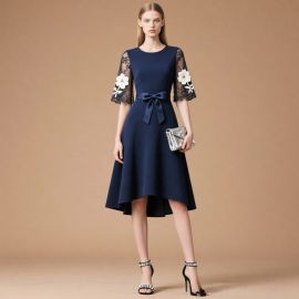 Navy Blue Lace-Sleeve Dress: Floral Embroidery, Bow Belt, Asymmetric Hem Midi Style