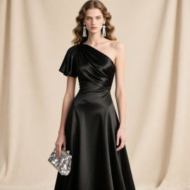 Elegant Black One - Shoulder Satin Long Gown for Formal Events