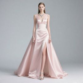 Elegant Blush Pink Satin Gown with Deep V-Neck & High Slit for Formal Events