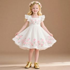 Cute Girls White Dress with Pink Floral Embroidery & Ruffled Sleeves - Summer Party Princess Outfit