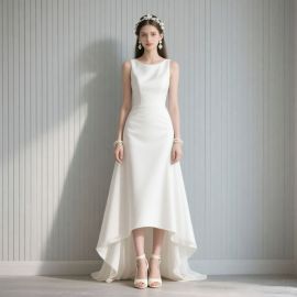 Elegant White Asymmetric Hem Wedding Dress - Sleeveless High-Waist Bridal Gown