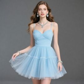 Light Blue Spaghetti Strap Tulle Short Dress - Elegant Party Wear for Women