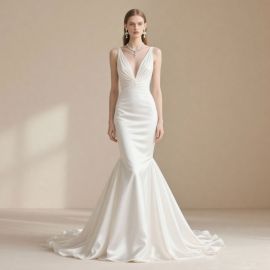 Elegant White Mermaid Wedding Dress: Deep V-Neck Slim Fit with Train