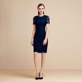 Elegant Navy Blue Lace Short - Sleeve Bodycon Dress for Women
