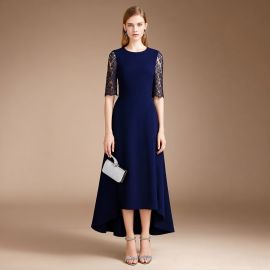 Elegant Navy Blue High-Low Hem Dress with Lace Sleeves - Chic Evening Gown