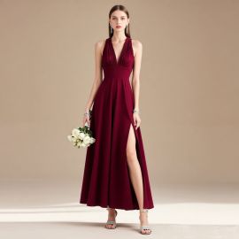 Elegant Burgundy Deep V-Neck High Slit Evening Gown for Formal Occasions