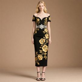 Elegant Off - Shoulder Black Midi Dress with Gold Floral Embroidery & Crystal Waist Belt