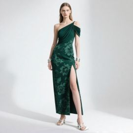 Emerald Green One-Shoulder Floral Maxi Dress with High Slit - Elegant Evening Gown