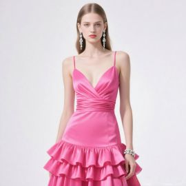 Pink Satin Spaghetti Strap Ruffled Hem Party Dress