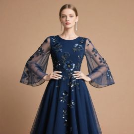 Elegant Navy Blue Gown with Floral Embroidery & Sheer Bell Sleeves