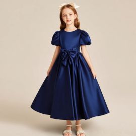 Elegant Navy Blue Girls Dress with Puff Sleeves & Big Bow - Party/Wedding Ready