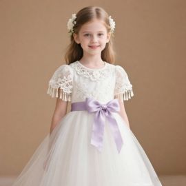 Charming Girl's White Lace Tulle Dress with Purple Bow Sash & Fringed Sleeves for Weddings & Parties