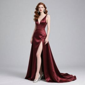 Elegant Burgundy Satin Evening Gown - Deep V-Neck & High Slit Design