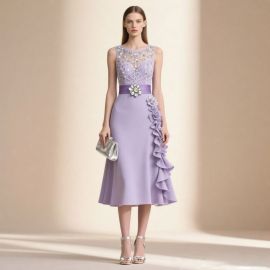 Elegant Lavender Purple Midi Dress: Lace Beaded Bodice, Ruffled Skirt & Floral Belt