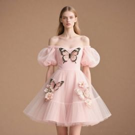 Chic Pink Off - Shoulder Dress with Puff Sleeves & 3D Butterfly Flower Appliques