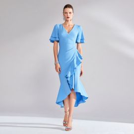 Light Blue V-Neck Ruffled Asymmetrical Midi Dress - Elegant Women's Fashion