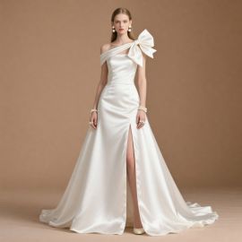 Elegant One - Shoulder Satin Wedding Dress with Big Bow & High Slit