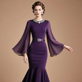 Purple Mermaid Evening Dress: Sheer Bell Sleeves, Rhinestone Collar & Waist Belt - Elegant Formal Gown