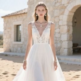Elegant Lace Deep V-Neck Tulle Wedding Dress - Romantic Bridal Gown
