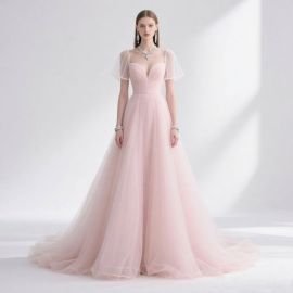 Elegant Pink Tulle Off - Shoulder Deep V - Neck Long Evening Gown
