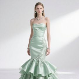 Mint Green Strapless Mermaid Gown: Embroidered Sequins & Ruffled Skirt Evening Dress