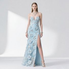 Elegant Light Blue Strapless Gown with Floral Embellishments & High Slit - Evening Dress