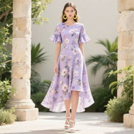 Lavender Floral Print High - Low Hem Midi Dress with Ruffled Sleeves