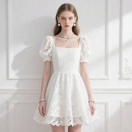 Elegant White Lace Dress with Puff Sleeves & Square Neckline - Summer Chic Fashion