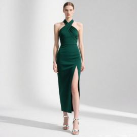 Elegant Emerald Green Halter Neck Slit Midi Dress - Chic Evening Wear