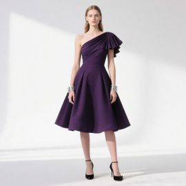 Elegant Purple One-Shoulder Pleated Midi Dress - Chic Evening Wear