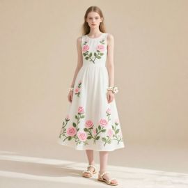 Romantic White Sleeveless Midi Dress with Pink Rose Embroidery