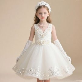 Elegant Girls White Princess Dress with Lace Flowers Pearls & Sequins - Wedding Party Gown