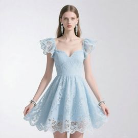 Women's Light Blue Lace Ruffled Shoulder Heart - Neck Short Dress