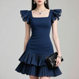 Elegant Navy Blue Square Neck Dress with Ruffled Sleeves & Layered Pleated Skirt
