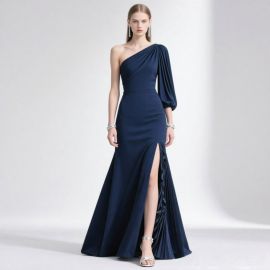 Navy Blue One - Shoulder Long Sleeve Evening Gown with High Slit, Elegant Fitted Formal Dress