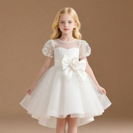 Elegant White Girl's Dress: Sequined Sleeves, Big Bow, High-Low Hem - For Weddings & Special Events