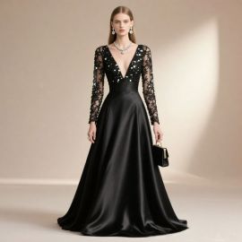 Elegant Black Evening Gown: Sequined Lace Sleeves, Deep V-Neck, Satin Full Skirt Formal Dress