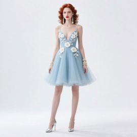 Elegant Light Blue Floral Embroidered Spaghetti Strap Short Tulle Dress