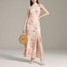 Elegant High Neck Sleeveless Floral Print Maxi Dress with Side Slit