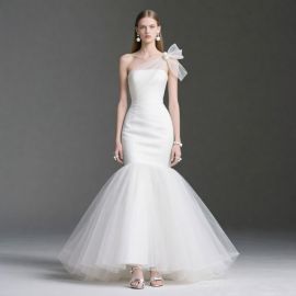 Elegant One-Shoulder Mermaid Wedding Dress | White Tulle Skirt Bridal Gown